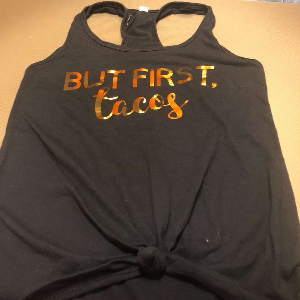 IDEAL co Black tank tee Gold foil But First Tacos S
